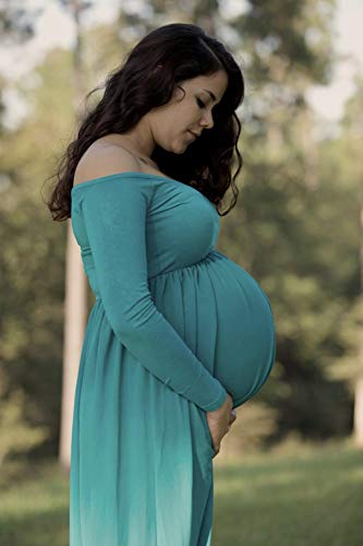 ZIUMUDY Maternity Maxi Chiffon Photography Dress Split Front Gown for Photoshoot - color: Peacock Blue