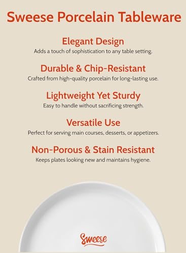 Sweese 10 Inch Porcelain Dinner Plates, White, Set of 6 - Microwave, Oven, Dishwasher Safe, Scratch-Resistant - color: White, size: 10 Inch