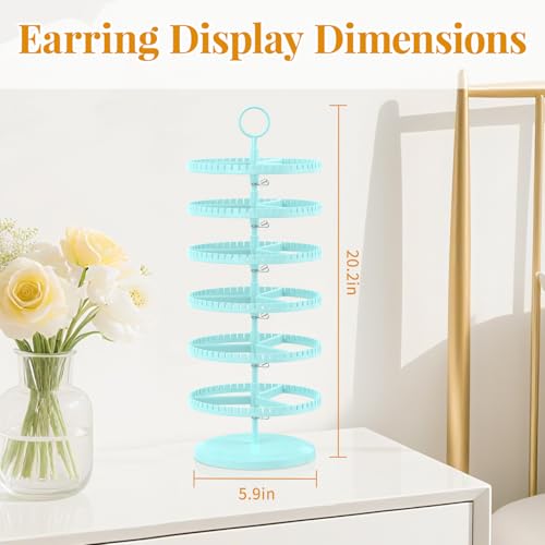 EsLuker.ly Earring Holder Organizer Rotating Stud Display Tree Rack with 342 U-Slots for Women Girls, Large Adjustable 6 Tier Plastic Storage Stand with Metal Tray for Pierced Hoop Post Earring, Blue - color: Blue