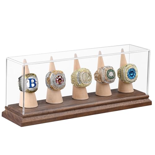Championship Ring Display Case Baseball Softball Football Ring Holder for 5 Rings Wanult Wood Base Acrylic Sports Ring Display Case Stand for Men Wooden Ring Box for Women Memorabilia Showcase Cube
