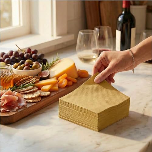 AH AMERICAN HOMESTEAD Cocktail Napkins - Linen-Like Disposable Beverage/Bar Napkins - Bulk Square Napkins for Everyday Use, Party or Wedding (Gold, 4.75 x 4.75) - color: Gold, size: 4.75 x 4.75
