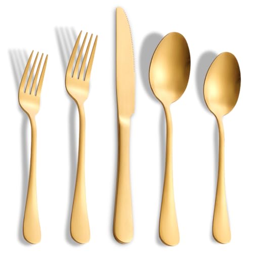 20-Pieces Matte Gold Silverware Set for 4,Stainless Steel Rustic Flatware Set,Modern Cutlery Utensils Set,Spoons and Forks Set for Restaurant,Dishwasher Safe - color: Matte Gold, size: 20 Piece Set