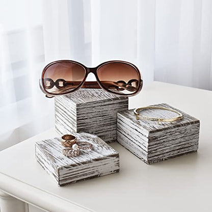 MOOCA Customizable Wooden Display Risers Set - 3 Different Height Stands for Jewelry, Watches, Cosmetics, and Accessory, Antique White Color - color: Antique White