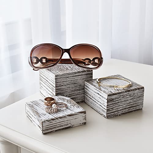 MOOCA Customizable Wooden Display Risers Set - 3 Different Height Stands for Jewelry, Watches, Cosmetics, and Accessory, Antique White Color - color: Antique White
