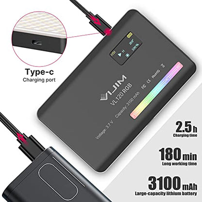 VIJIM VL120 RGB Video Light, Portable LED Camera Light Panel 0-360 Full Color, CRI 95+ 2500-9000K LED 3100mAh Rechargeable DSLR Lighting for Vlogging, Photography, Video Conference