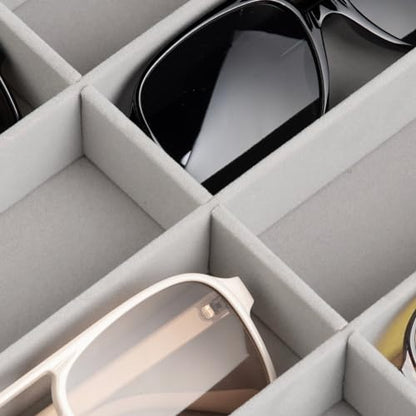 Frebeauty Sunglass Organizer,Velvet Glasses Organizer,8-Slot Sunglasses Tray with Clear Lid,Men's/Women's Sunglasses Box,Sunglass Case,13.3 x 9.6 x 2.2 Inches,Eyeglass/Eyewear Display Tray(Grey) - color: Grey, style: With Lid