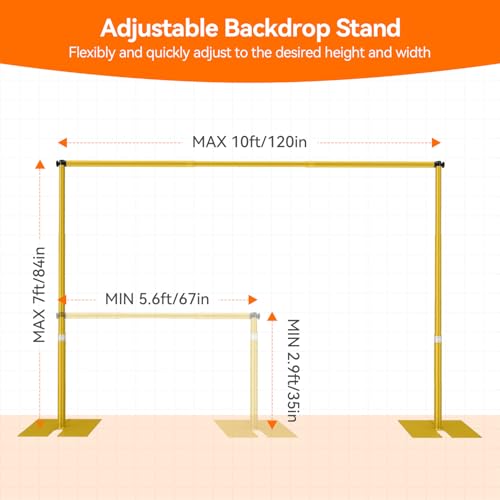 Pipe and Drape Backdrop Stand Kit 7x10ft, Heavy Duty Back Drop Adjustable Stand with Carry Bag, Metal Background Frame for Parties Wedding Birthday Decoration Photography Photo Booth Video - Gold - color: Gold, size: 7x10ft