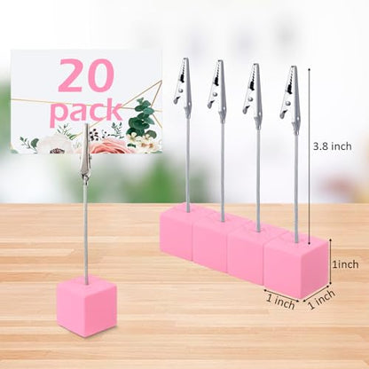 Gersoniel 20 Pcs Cube Base Memo Clip Holder with Alligator Clip Wood Table Number Holder Cube Base Place Card Stand Mini Photo Menu Stand for Displaying Number Card (Pink) - color: Pink
