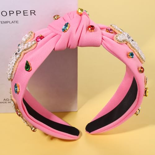 NVENF Easter Headbands for Women Beaded Easter Rabbit Bunny Headband White Pink Crystal Pearl Knotted Hairband Happy Accessories Spring Holiday Headwear Outfits Gifts (Bunny B - Pink) - color: Bunny B - Pink
