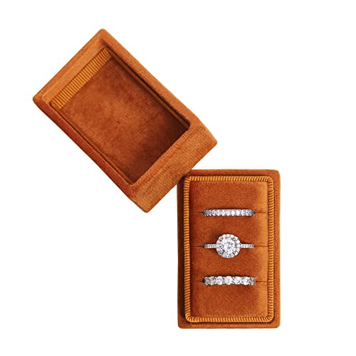 Rectangle 3 Slots Italian Velvet Jewelry Box Engagement Wedding Photo Ring Box Keepsake Box Triple Ring Gift Box (Burnt Orange) - color: Burnt Orange