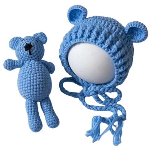 Zeroest Newborn Baby Boy Girl Photography Props Bear Hat Outfits Crochet Kint Handmade Cap Set for Newborn Photo Shoot - color: Blue