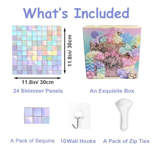 24 Panels Iridescent Shimmer Wall Backdrops, Square Sequins Backdrops with 6D Effect, Large Photo backdrops for Birthday, Graduation, Wedding, Anniversary Party Decoration and Home Decoration - color: Iridescent