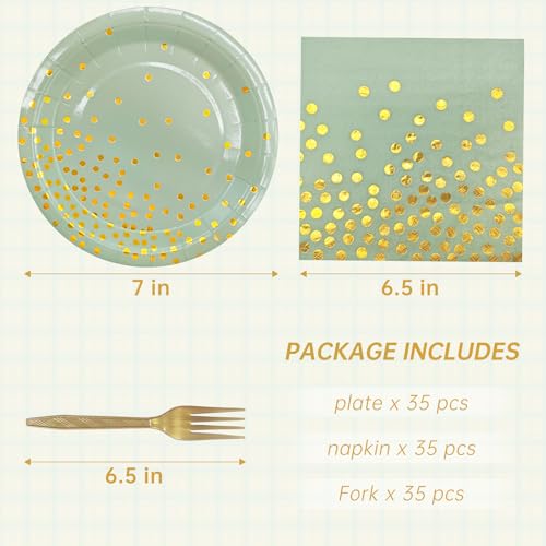 Serve 35 Guests Sage Green and Gold Party Supplies,7 Inch Disposable Sage Green Dessert Paper Plates and Napkins for Wedding Birthday Party - color: Grass Green Gold Dot Paper Plate