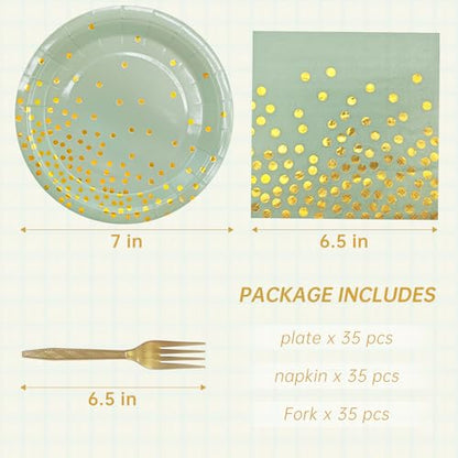 Serve 35 Guests Sage Green and Gold Party Supplies,7 Inch Disposable Sage Green Dessert Paper Plates and Napkins for Wedding Birthday Party - color: Grass Green Gold Dot Paper Plate