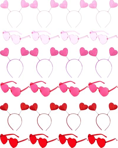 24 Piece Valentine's Day Heart Headbands and Sunglasses Set for Women and Men, Party Photo Props for Wedding, Birthday (Pink, Rose red, Red) - color: Pink, Rose Red, Red