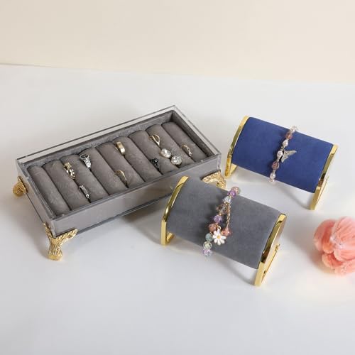 velvet slots Ring holder for jewelry organizer, Grey earring ring display stand for selling, felt ring jewelry holder tray showcase【Velvet slots Ring Holder-Grey】 - color: Grey