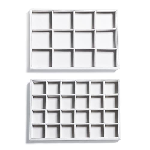Frebeauty Stackable Velvet Jewelry Organizer Trays for Drawers Inserts Jewelry Storage Tray Display Case, Stud Earrings Bracelets Necklace Rings Accessories Trays for Women(Set of 2)(White) - color: White, size: Set 2