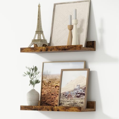 FLYJOE Picture Ledge Shelf, Floating Shelves Set of 2, 16 Inches Nursery Book Shelves for Toys Storage, Kids Bookshelf Wall Mounted for Living Room Bedroom Decor Books Photo Frames, Rustic Brown - color: Brown, size: 16'', Set of 2