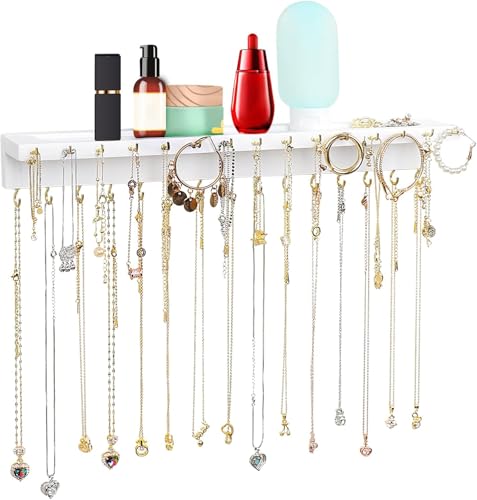 YYILIS Necklace Holder, Upgraded Extra Large Wall Necklace Organizer with 30 Hooks Wall Mounted Necklace Hanger with Jewelry Tray/Cosmetics Shelf Rustic Pine Wood Holder (White) - color: White