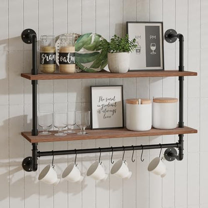 ROGMARS Industrial Pipe Shelving Bathroom Shelves with Towel bar, 30 in Rustic Floating Shelves Pipe Wall Shelf with Hooks for Living Room,Kitchen - color: Rustic Brown, size: 30 Inch 2 Tier