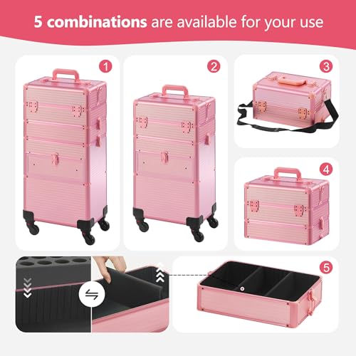 Somduy Rolling Makeup Case with Drawer, Makeup Train Case, 4 in 1Cosmetology Case on Wheels, Christmas Gift, Large Makeup Case Organizers, Profesional Cosmetic Case for Salon Barber, Light pink - color: Light pink