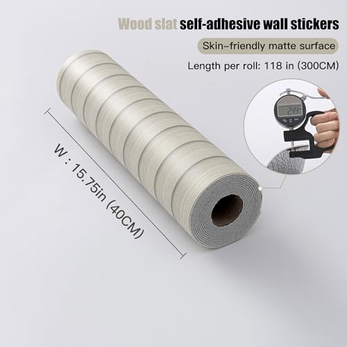Peel and Stick PVC Slat Wall Panels, Wood Grain Self-Adhesive Soundproof Moisture-Resistant Paneling, 3D Faux Wood Panels for Bedroom Bathroom Walls & Ceilings 118"x15.75"(Off-White,13Sq.ft) - color: Off-White