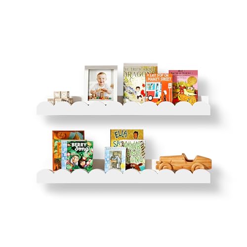 Nursery Floating Shelves for Kids Room, 2 Pack 23.6 Inch White Wall Shelves with Scalloped Edge, Kids Bookshelves for Toddler Bedroom, Playroom, Baby Nursery Decor - color: White, size: 2pc-23.6in