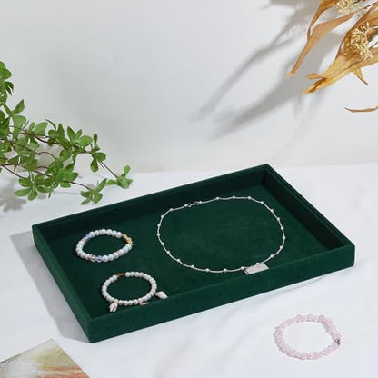UNICRAFTALE Velvet Jewelry Trays flat Green Rectangle Velvet Display Trays Elegant Stackable Jewelry Drawer Organizer Tray for Rings Earrings Necklaces Bracelets Storage Display 35x24x3.2cm - style: Rectangle