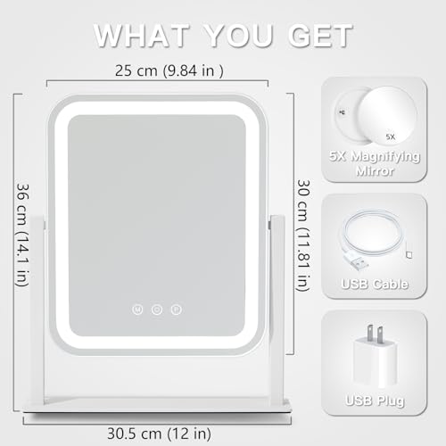 HIEEY Vanity Mirror with Lights, 14.1" x 12" Makeup Mirror with Lights, Three Color Lighting Modes, and 5X Magnification Mirror, Smart Touch Control, 360°Rotation (White,Gift Box) - style: 14.1" x 12" (78 LED)