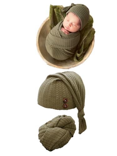 Newborn Baby Photography Wrap with Long Tail Hat Boy Girl Photo Crochet Outfits Picture Blanket Props (green)