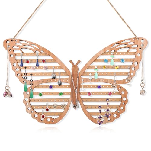 Wood Butterfly Earring Holder for Girls, Rustic Mount Hanging Earring Holder Wall Jewelry Organizer for Necklace Display Women Vendor Events,Craft Home Decor Gift,11 x 11 IN