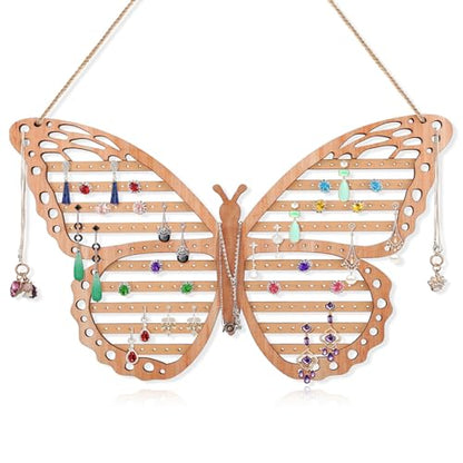 Wood Butterfly Earring Holder for Girls, Rustic Mount Hanging Earring Holder Wall Jewelry Organizer for Necklace Display Women Vendor Events,Craft Home Decor Gift,11 x 11 IN