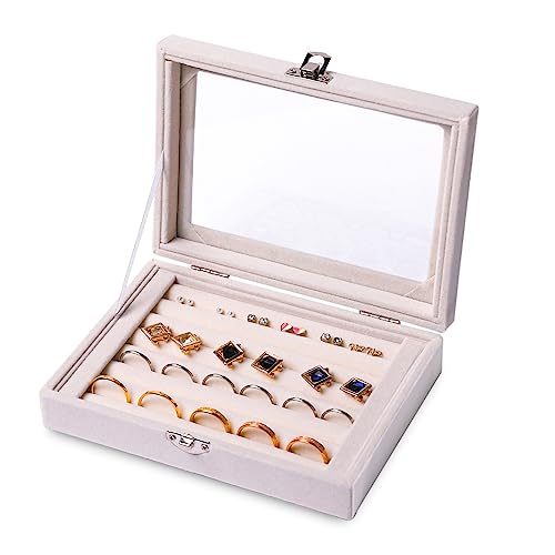 Frebeauty Rings/Earring Organizer Tray with Clear Lid,7 Slots Ring Box Velvet Ring Holder Drawer Insert Jewelry Storage Box Jewelry Display Case Jewelry Box Gift for Women and Girls(Beige,7 Slots) - color: Beige, size: 7 Slots