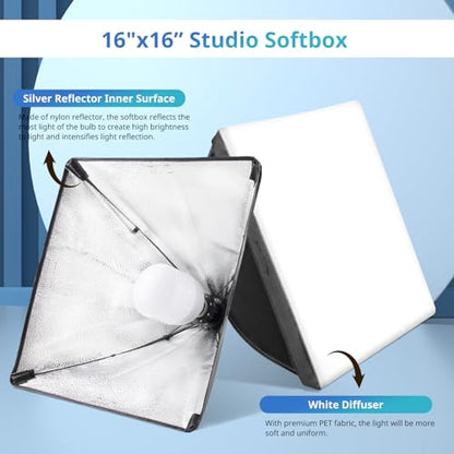 UBeesize Softbox Photography Lighting Kit, 16” x 16” Continuous Lighting Kit with 40W E27 Socket 6500K Bulb, Professional Photo Studio Lighting for Video Recording, Portrait Shooting - style: 16" softbox lighting kit