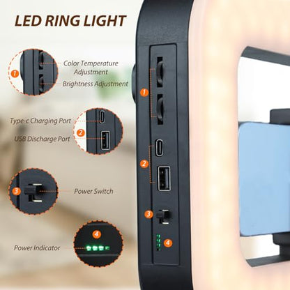 Smartphone Video Rig with Light, Handheld Ring Selfie Light Kit, LED Mobile Video Stabilizer with Built-in 8000mAh Battery for Camera, Smartphone, YouTube, TikTok Video Recording, Makeup - style: LED