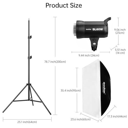 2pcs SL60W LED Video Light Kit with Softbox,60W Bowens Mount Studio Continuous Light Kit with Stand,Remote Control,Reflector,Brightness Adjustment for Video Recording,Wedding,Live Streaming