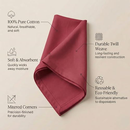 ACCENTHOME Accent Home 100% Cotton Napkins, Delicate Cloth Napkins for Dinners, Parties and Weddings，18 x 18 Inch Set of 12 - Red - color: 06 - Red - Twill, size: 18"x18" - Pack of 12