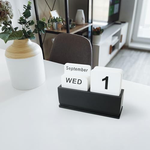 Wooden Block Perpetual Calendar for Desk, Daily Desktop Standing Flip Calendar with Large Display, Modern Farmhouse Aesthetic Desk Accessories for Home Office Decor, Reusable Yearly, Black - color: Black