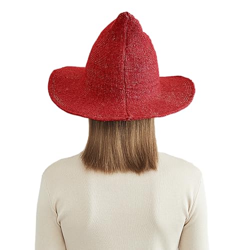 Halloween Witch Hat for Women Wide Brim Foldable Wizard Hat Wool Knit Pointed Cap Cosplay Costume Accessory - color: Red
