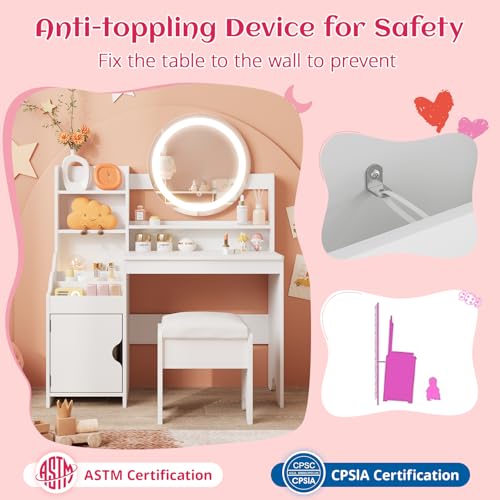 Vabches Kids Vanity with Lights, Princess Makeup Vanity Desk with Open Bookshelf, Storage Cabinet & Shelves, Toddler Vanity Table and Chair Set, Pretend Play Vanity Set for Little Girls, White - style: White