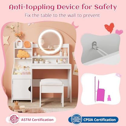 Vabches Kids Vanity with Lights, Princess Makeup Vanity Desk with Open Bookshelf, Storage Cabinet & Shelves, Toddler Vanity Table and Chair Set, Pretend Play Vanity Set for Little Girls, White - style: White