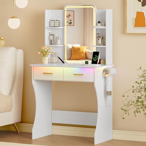 Vanity Desk with LED Lights Mirror & Power Outlet, Small Makeup Vanity Table Set with Storage Drawers, 3 Lighting Modes & Adjustable Brightness, Dressing Table for Women Girls Bedroom, White(NO Stool) - color: White, size: S-2 Drawers