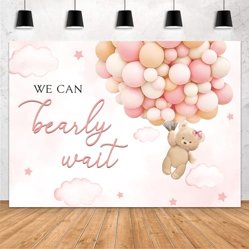 MEHOFOND 7x5ft Bear Baby Shower Backdrop We Can Bearly Wait Baby Shower Party Decorations for Girl Hot Airs Balloons Watercolors Clouds Stars Photography Background Newborn Photo Booth Props(Pink) - color: Pink, size: 7x5ft