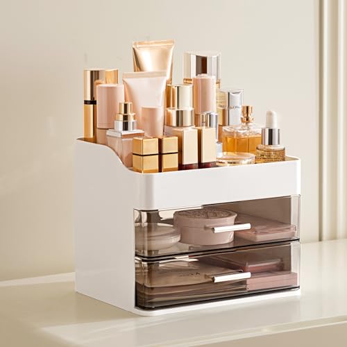 HBlife Makeup Organizer for Vanity with 2 Drawers, Large Plastic Bathroom Countertop Cosmetics Organizer Skin Care Storage, Easy to Store Lipsticks, Nail Polishes, Perfumes, Eyeshadow Palettes, White - color: White