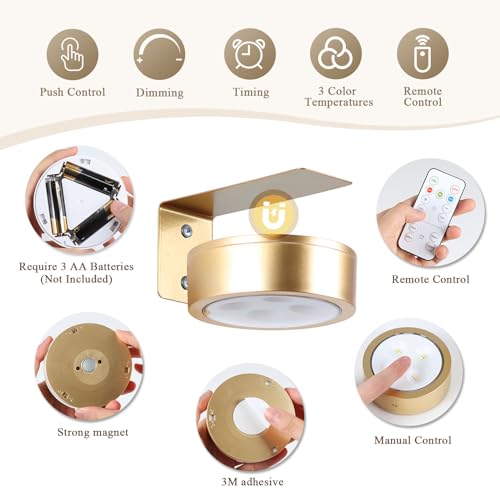 KELUOLY 2-Pack Picture Light Battery Operated Painting Lights for Wall, Magnetic LED Display Art Light with Remote, Dimmable and Timer Portrait Light for Art Frame Artworking, Wall Decor Puck Light - color: Gold 2 Pack