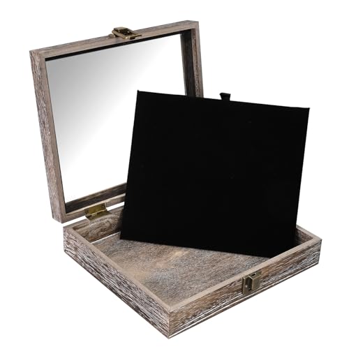 MOOCA Tempered-Glass Top Small Wooden Jewelry Display Case with Removable Black Luxurious Velvet Jewelry Display Pad, Deeper 2.2" Design for Collectibles, Coffee Color. - color: Coffee With Velvet Pad