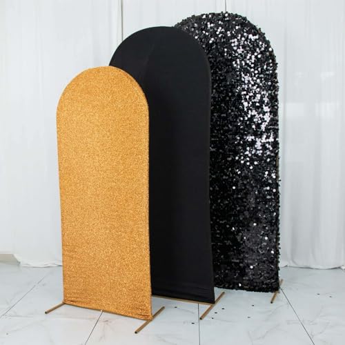 Efavormart Set of 3 Black Gold Chiara Arch Backdrop Covers (7ft/6ft/5ft), Round Top Snug Fit, Double-Sided Big Sequin, Tinsel & Spandex Mixed Texture for Anniversary, Gala, Events - color: Black/Gold