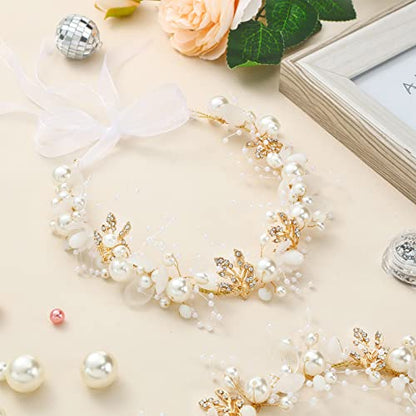 Retrowavy 2 Pcs Flower Girl Headpiece, Flower Girl Hair Accessories Rhinestone Crystal Princess Pearl Headband Bridal Hair Headband for Wedding First Communion(Gold) - color: Gold