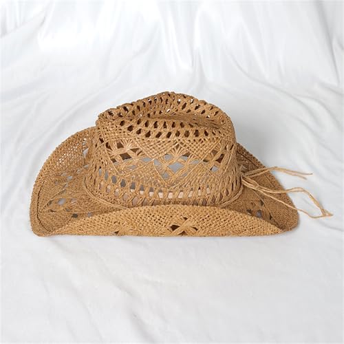 Straw Cowboy Hats Ventilated Hollow Round Foldable Sun Hats for Women Summer Western Cowgirl Beach Hat Photo Prop - color: Khaki