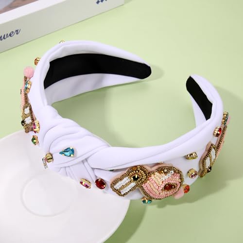 NVENF Easter Headbands for Women Beaded Easter Rabbit Bunny Headband White Pink Crystal Pearl Knotted Hairband Happy Accessories Spring Holiday Headwear Outfits Gifts (Bunny D - White) - color: Bunny D - White